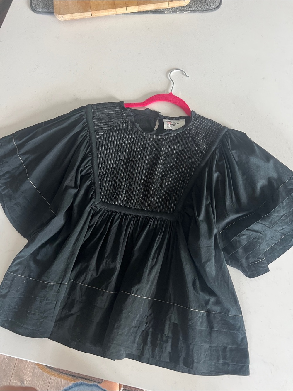 Black Puff-Sleeve Top with Pintuck Yoke